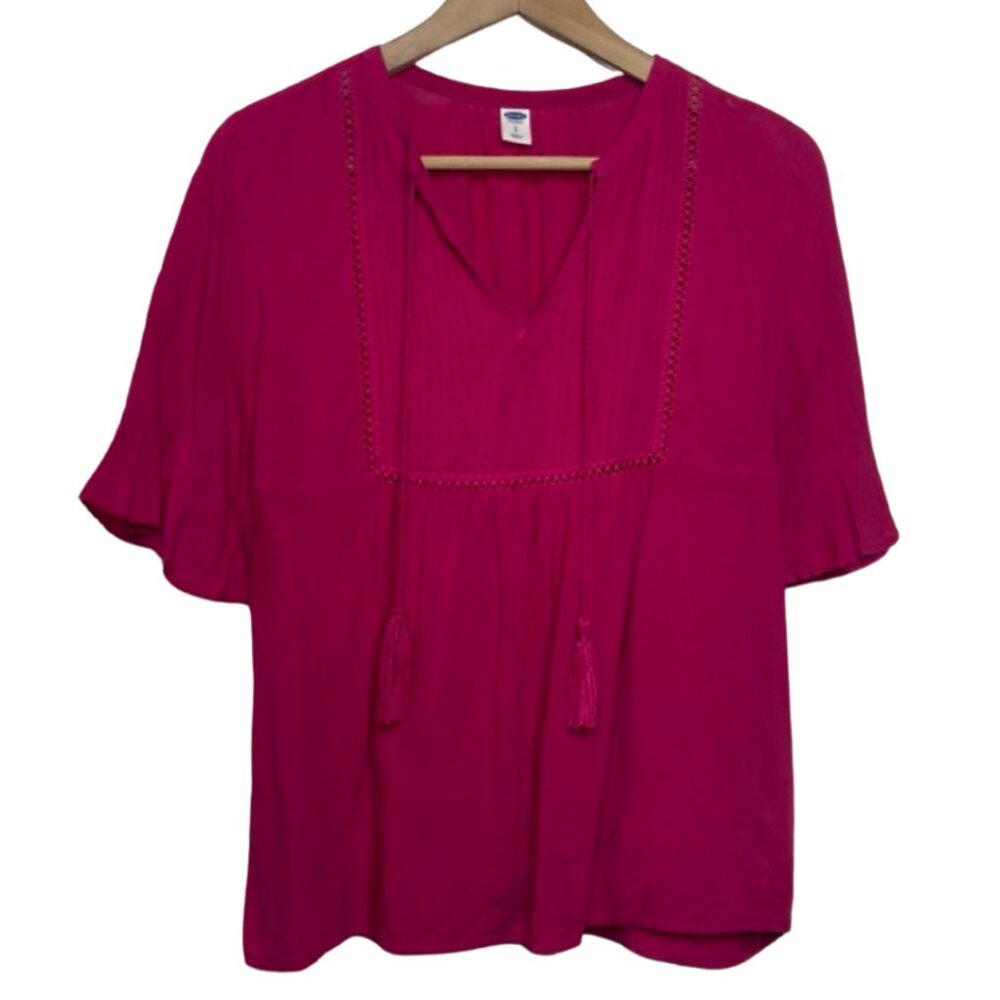 OLD NAVY | Hot Pink Fuchsia 3/4 Sleeve Bohemian Peasant Top | Size L